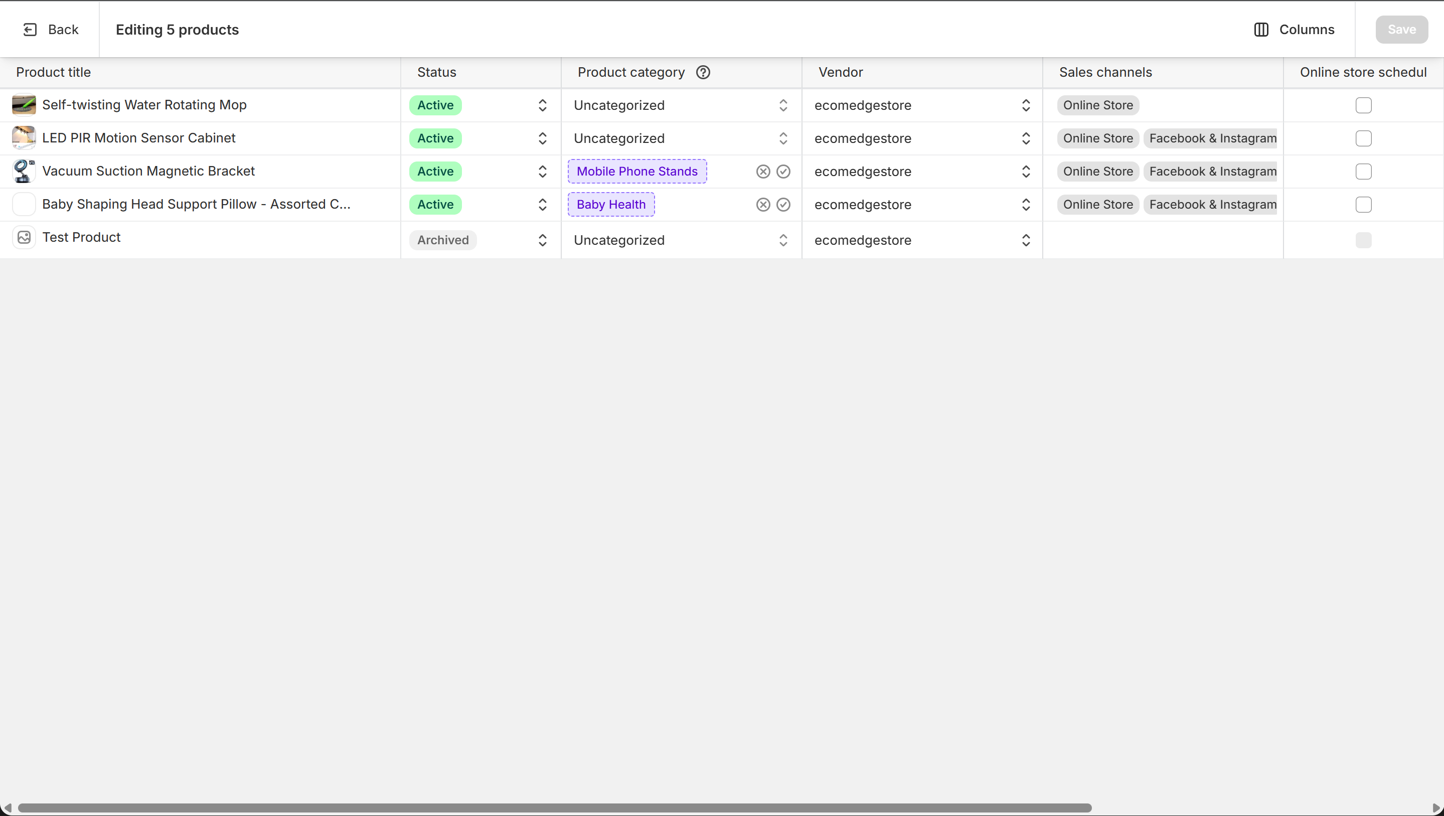 Bulk editor — editing 5 products at once